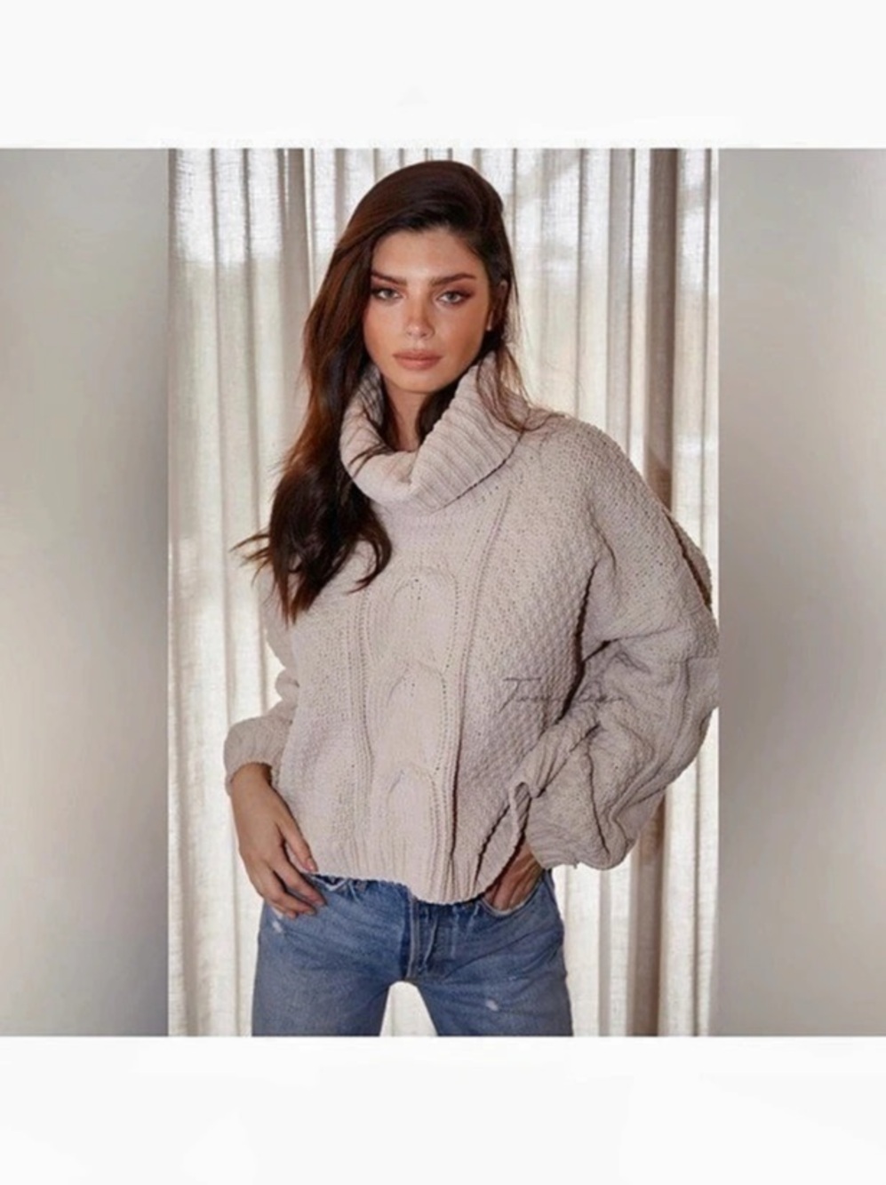 Two Sisters The Label Cowl Neck Cable Knit Sweater in Beige Size Small